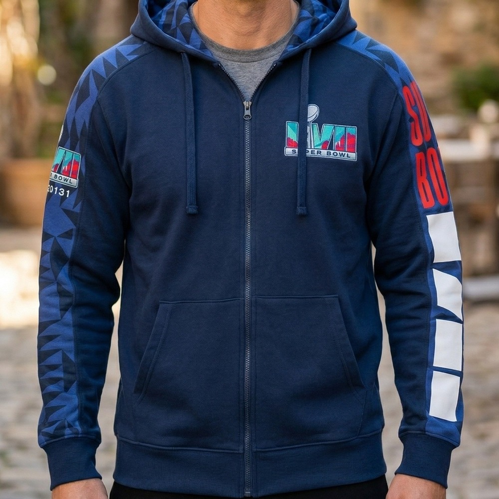 NFL Super Bowl LVII Arizona 2023 Navy Blue Full Zip Graphic‎ Hoodie Mens